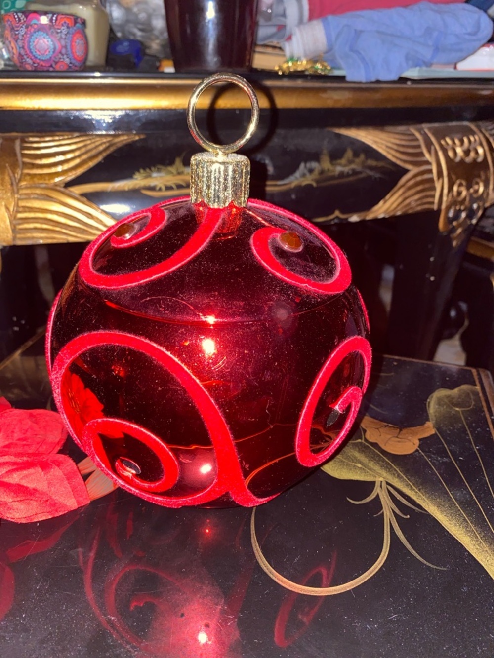 Teleflora Ornament Shaped Candy Jar Metallic Red And Rhinestones 5”